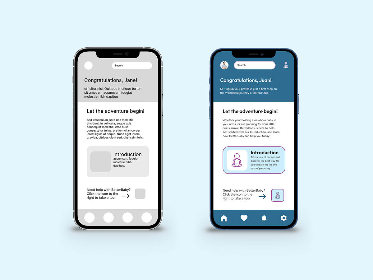 Better Baby App post-login welcome screen wireframe and final version side by side